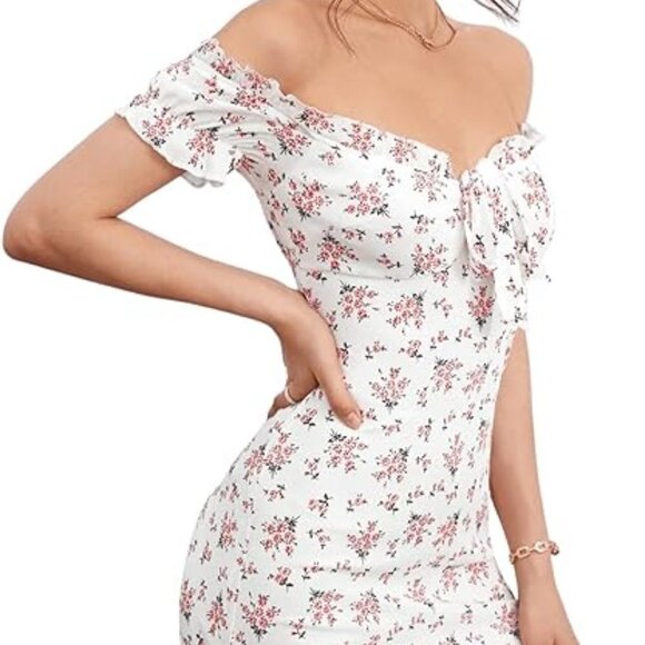 Shein Floral Print Smocked Off the Shoulder Mini Dress Size Large - Picture 1 of 11